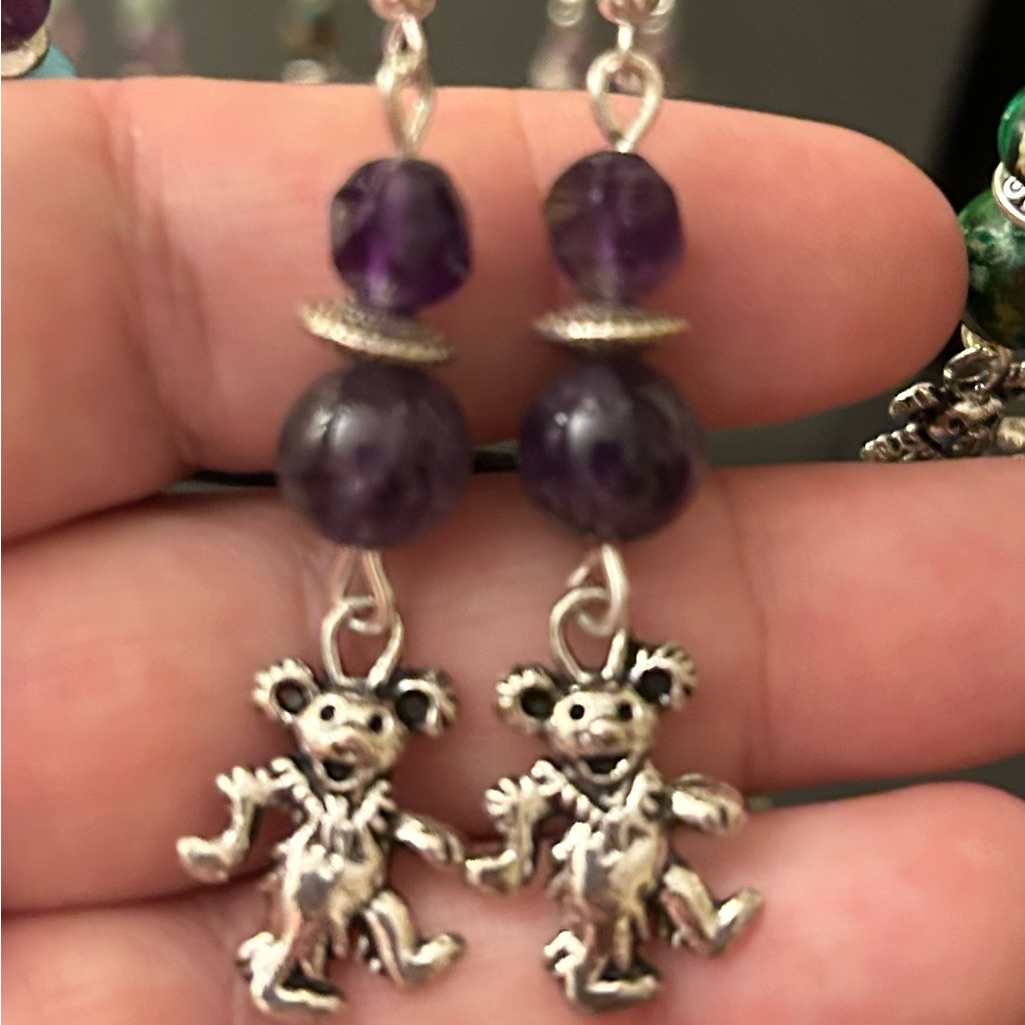 Grateful Dead Dancing Bear Hanging Earrings, Artisan Handmade With Love. Ooak!